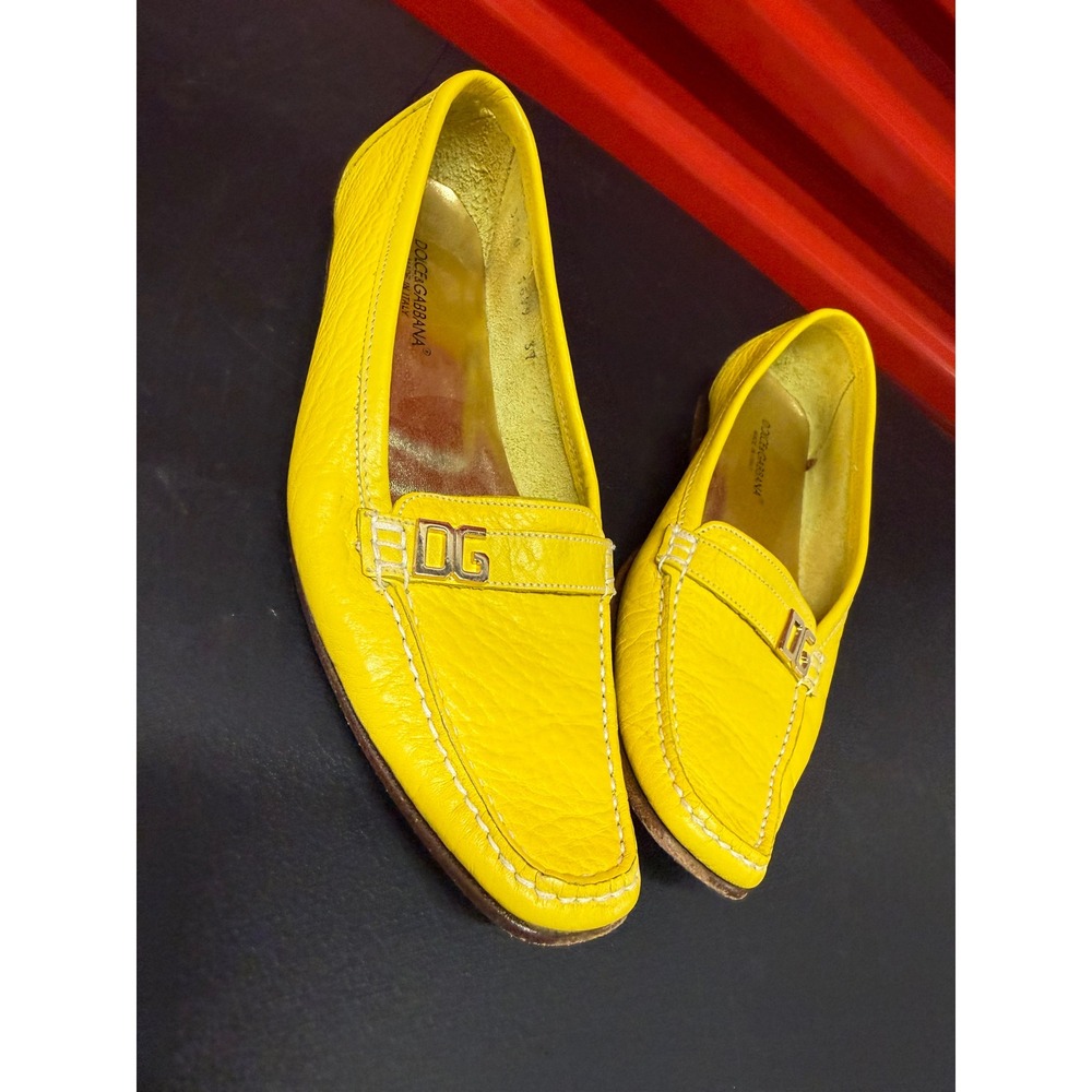Dolce & Gabbana Womens Yellow Leather DG Logo Square Toe Loafers Flats Size 37 - Picture 4 of 14